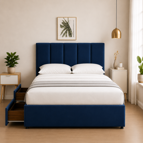 Modern Upholstered Bed with USB & Drawers Blue 5FT 1