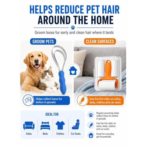 (1PC, -) Dual Sided Shedding Blade for Cats, with Lint Roller 2PC 2