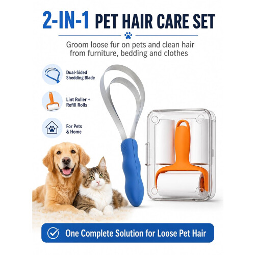 (2PC, -) Dual Sided Shedding Blade for Cats, with Lint Roller 2PC 1