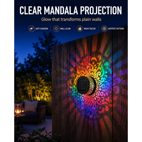 (Warm, 4pcs) Solar Mandala Wall Light, Color Changing Projector Outdoor 1