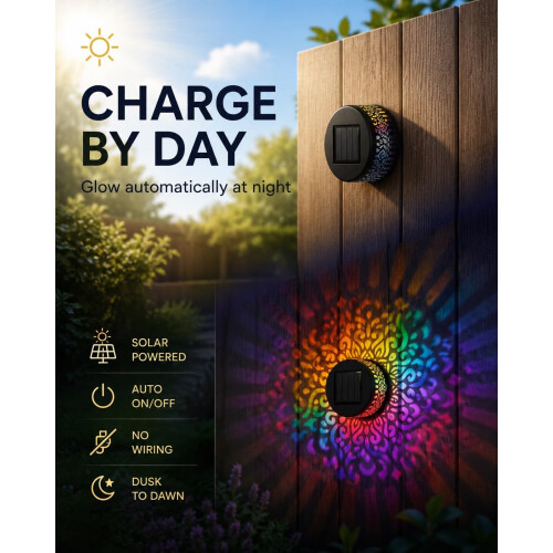 (Warm, 4pcs) Solar Mandala Wall Light, Color Changing Projector Outdoor 2