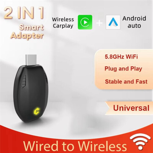 New Wired to Wireless Carplay  Adapter 2in1 Android Auto  Box Plug and  WiFi Fast Connection USB Type-C 2