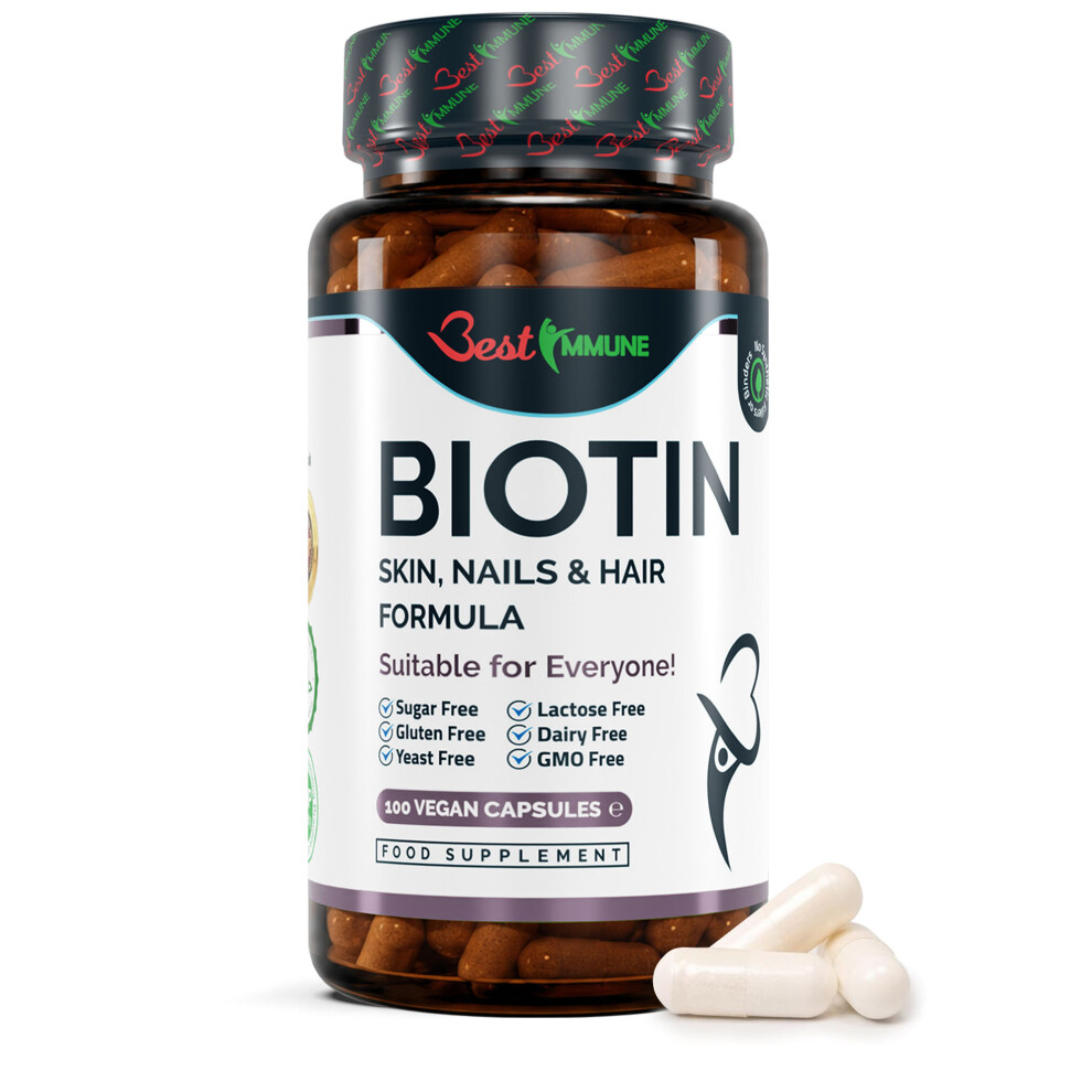 Best Immune International Biotin Skin Nails And Hair Formula Premium Quality Natural Product Ideal Strength 100 Vegan Capsules Highest Bioavailability