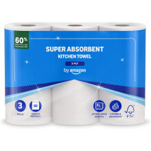 by Amazon Super Absorbent Kitchen Towel, 3-ply, 3 Rolls (1 Pack of 3), 80 Sheets per Roll, FSC Certified