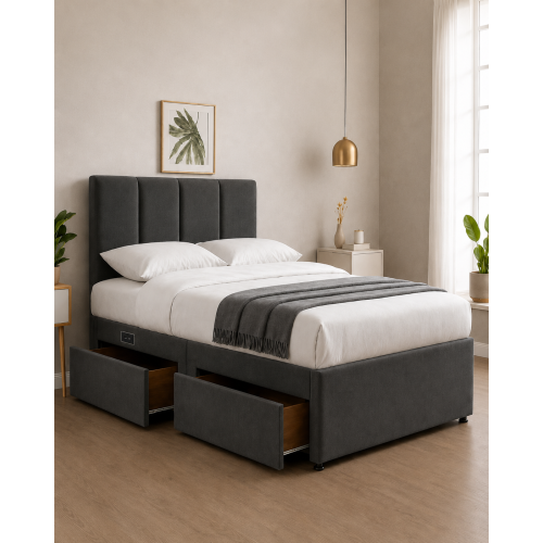 Modern Upholstered Bed with USB & Drawers Grey 6FT