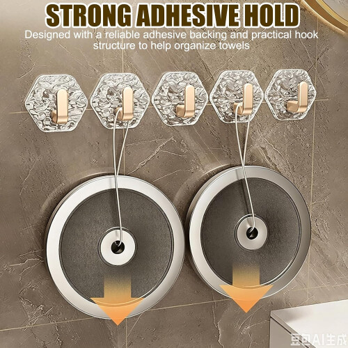 (Silver-5PCS, -) Water Ripple Hexagonal Self Adhesive Hooks, Gold 5PCS 2