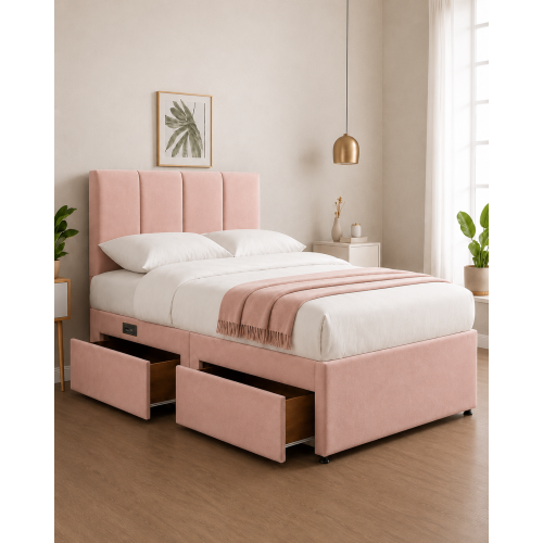 Modern Upholstered Bed with USB & Drawers Pink 4FT