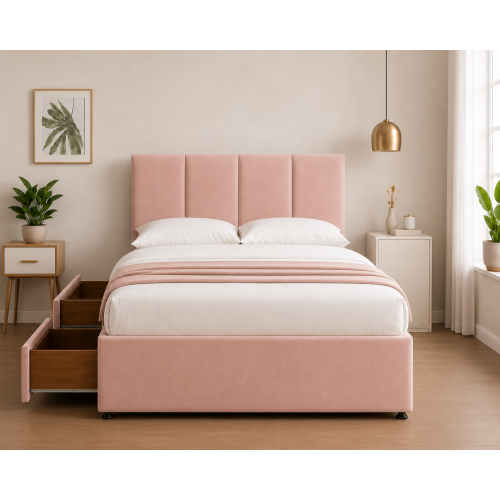 Modern Upholstered Bed with USB & Drawers Pink 4FT 1