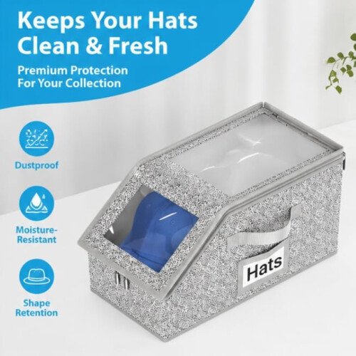 (1PC, -) Foldable Hat Storage Box, Stackable Cap Organizer with Window Lid 2