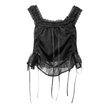 (S, Black) Women Lace Trim Tank Tops Loose Fitting Drawstring Sleeveless Ruffled Shirt Casual Loungewear