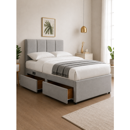 Modern Upholstered Bed with USB, Drawers Silver5FT