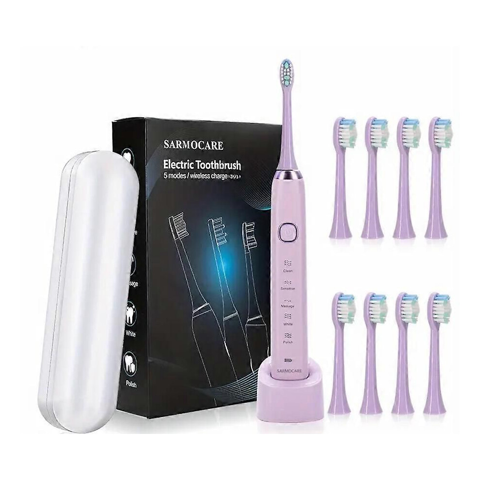 (S100 violet 8 Heads) Sarmocare S100 Sonic Electric Toothbrush USB Rechargeable Waterproof with 8 Brush Heads Dental Care Cleaning Kit