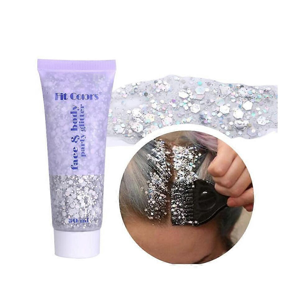 (Silver) 50ML Face Glitters Body Gel Sequins Shimmer Liquid Eyeshadow, Mermaid Sequins Liquid Holographic Glitter Gel for Face Hair Nails