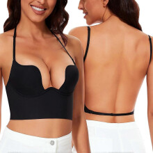 (Black, 30C) Seamless Deep U Plunge Low Back Bra Convertible Multiway Halter Bra for Women