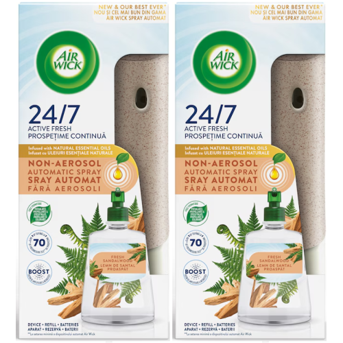 Air Wick 2 x Air Wick Active Fresh 24/7 Automatic Spray Diffuser Unit + Fresh Sandalwood Refill 228ml