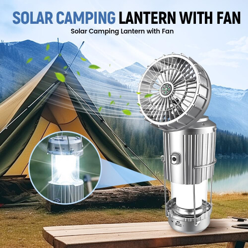 (Silver, -) 2026 3 in 1 Camping Fan Light, Solar Lantern Flashlight 1