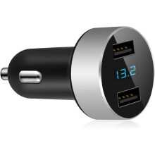Zilverkleurige autolader met valbeveiliging, snelladen voor smartphones en tablets, voltmeter en ampèremeter, 2 USB-poorten.