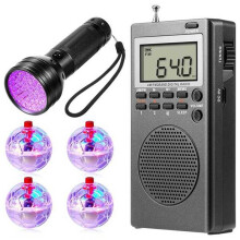 Portable Pocket FM AM Radio 9K/10K Radios Receiver Built-in Speaker W/4xLED Light- Pet Cat Balls 1xFlashlight