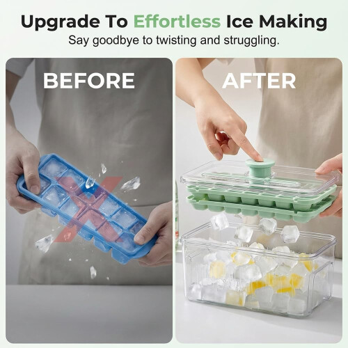 (Single Layer, Green, 1pcs, -) Press-Release Silicone Ice Cube Tray with Lid, Double Layer 1