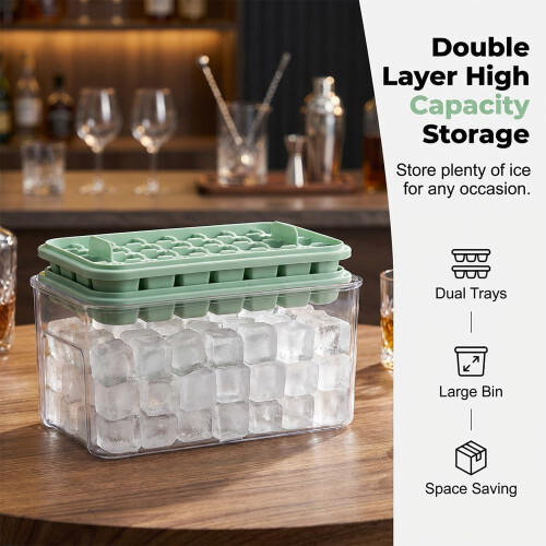 (Single Layer, Green, 1pcs, -) Press-Release Silicone Ice Cube Tray with Lid, Double Layer 2