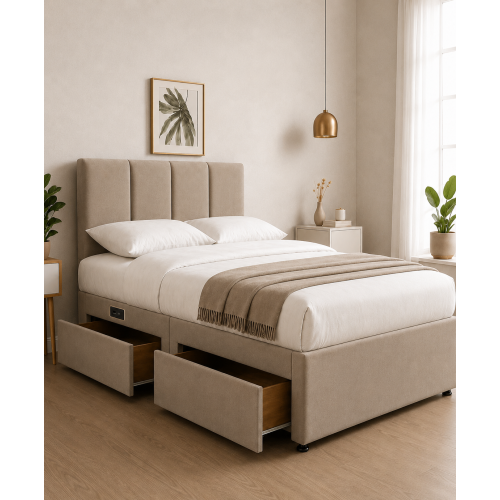 Modern Upholstered Bed with USB & Drawers Mink 6FT