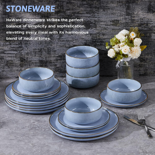 HaWare Dinner Set, 18 Piece Stoneware Dinnerware Service for 6, Reactive Glaze Dining Ware Include Plates and Bowls, Chip and Scratch Resistant, Micro 2