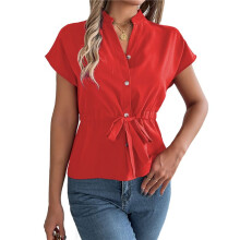 Dames Blouses met Knoopjes, Casual Zomer Tops, Gekleed Chiffon Werk Shirts Rood L