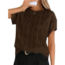 Dames Zomertops met Korte Mouwen, Gebreide Tops met Textuur en Ronde Hals, T-Shirts voor Leerkrachten Bruin L