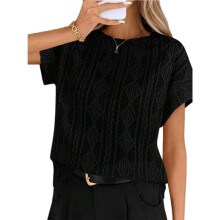 Dames Zomertops met Korte Mouwen, Gebreide Tops met Textuur en Ronde Hals, T-Shirts voor Leerkrachten Zwart L