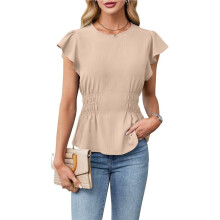 Women'S Dressy Casual Blouses Business Ruffle Short Sleeve Tops Summer Crew Neck Smocked Shirts Khaki XL