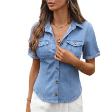 Damesblouse met Korte Mouwen, Spijkerstof, Knoopsluiting, Denim met Zakken, Westernstijl, Lenteblouse met Knoopsluiting Lichtblauw XL