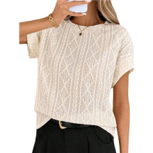 Dames Zomertops met Korte Mouwen, Gebreide Tops met Textuur en Ronde Hals, T-Shirts voor Leerkrachten Abrikooskleur L