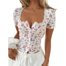 Girl'S Ditsy Floral Print Lace T Shirt Short Sleeve Ribbed Ruched Cute Tee Shirts Summer Tops White M