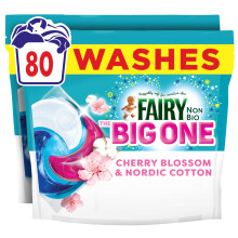 Fairy Non Bio The Big One Washing Liquid Pods, Cherry Blossom & Nordic Cotton, 2 x 40 Washes, 2X Stain Removal, Voted No1 for Sensitive Skin