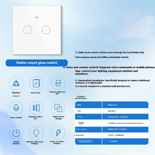 Tuya  Matter Light  WiFi EU Standard 2-Way   Glass Touch Panel APP Remote Control Voice White 2