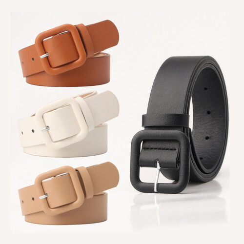 Simple PU Leather Waist Belt Modern Square Buckles Candy-Camel 2