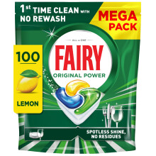 Fairy Original Power Dishwasher Tablets Lemon, 100 Capsules, 1st Time Cleaning Action with No Rewash, Effective on 100% Grease