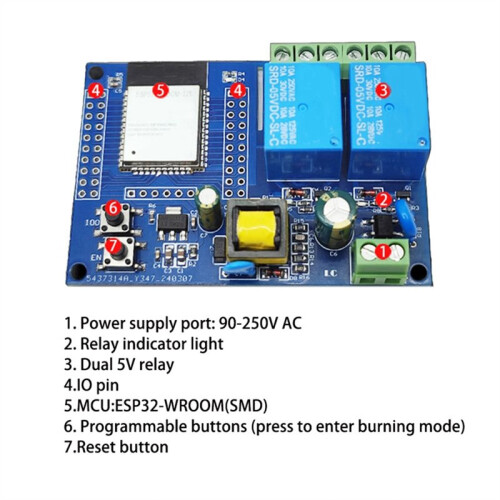 ESP32-WROOM-32E AC220V WiFi BLE Dual Channel Relay Module Development Board  Home IoT Wireless Control 2