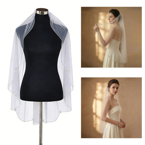Voiles de mariée à bords de perles, perles gracieuses,-Blanc 2