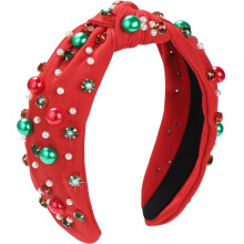 Christmas Headband for Women Pearl Knotted Headband Xmas Red Green Pearl Rhinestone Crystal Jeweled Hairband Red