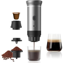 Bärbar Espressomaskin 3-i-1, Trådlös och Elektrisk, Kompatibel med Kapslar och Pulver, Perfekt för Hemmet och Resor