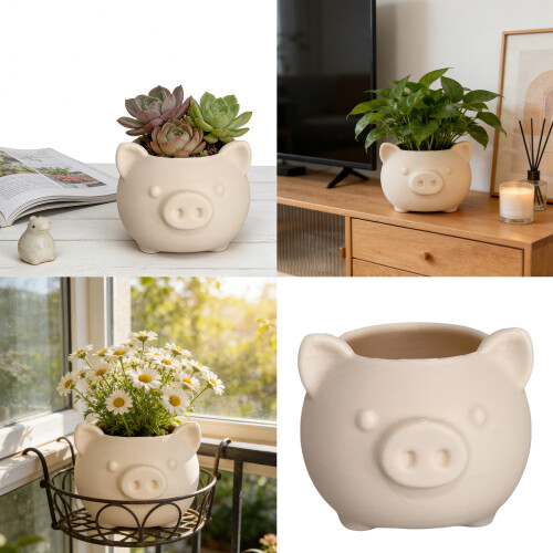 Joli pot de fleurs en forme de cochon fabriqué à la main-Blanc 2