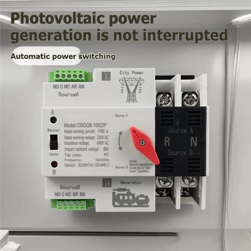Small ATS Automatic 100A/125A 2P Dul Power Changeover Switches DIN Rail Mount Controller Enduring 100A EU Plug 1