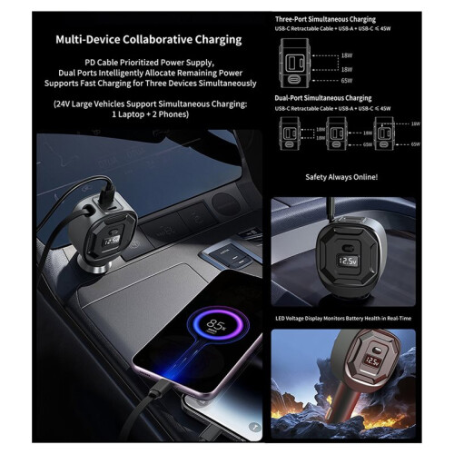 PD 65W Fast Charging Adapter Voltage Display Car Charger with Retractable Cable for Phone Tablet Laptop 2