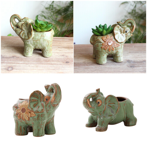 Elephant Shape Ceramic Planter With Drainage Hole Farmhouse-1 2