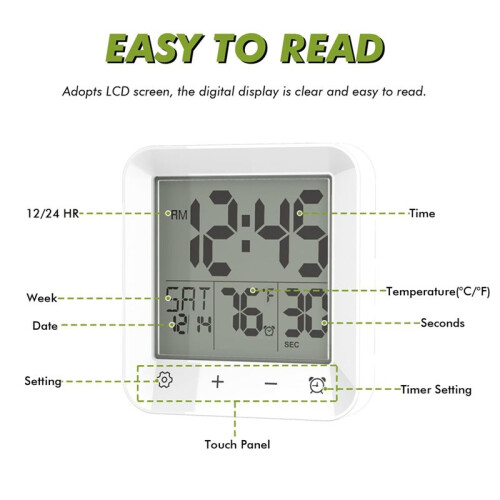 Digital Shower Clock Waterproof, Bathroom Wall Clock Timer with Touch Screen, Temperature, for Kids and Adults 2