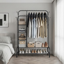Clothes Rail for Bedroom, Double Hanging Rail Metal Clothing Rail with 3 Side Shelves,4 Coat Hooks, Freestanding Clothes Rack for Bedroom, Living Room