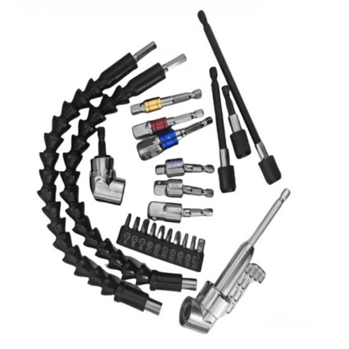 23pcs Flexible Drill Bit Extension Set with Right Angle Drill Attachment, Universal Socket & Adapters