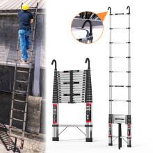 Telescopic Ladder 5M/16.4FT Stainless Steel with Detachable Hooks, 150KG Max Capacity for Roof Attic Caravans