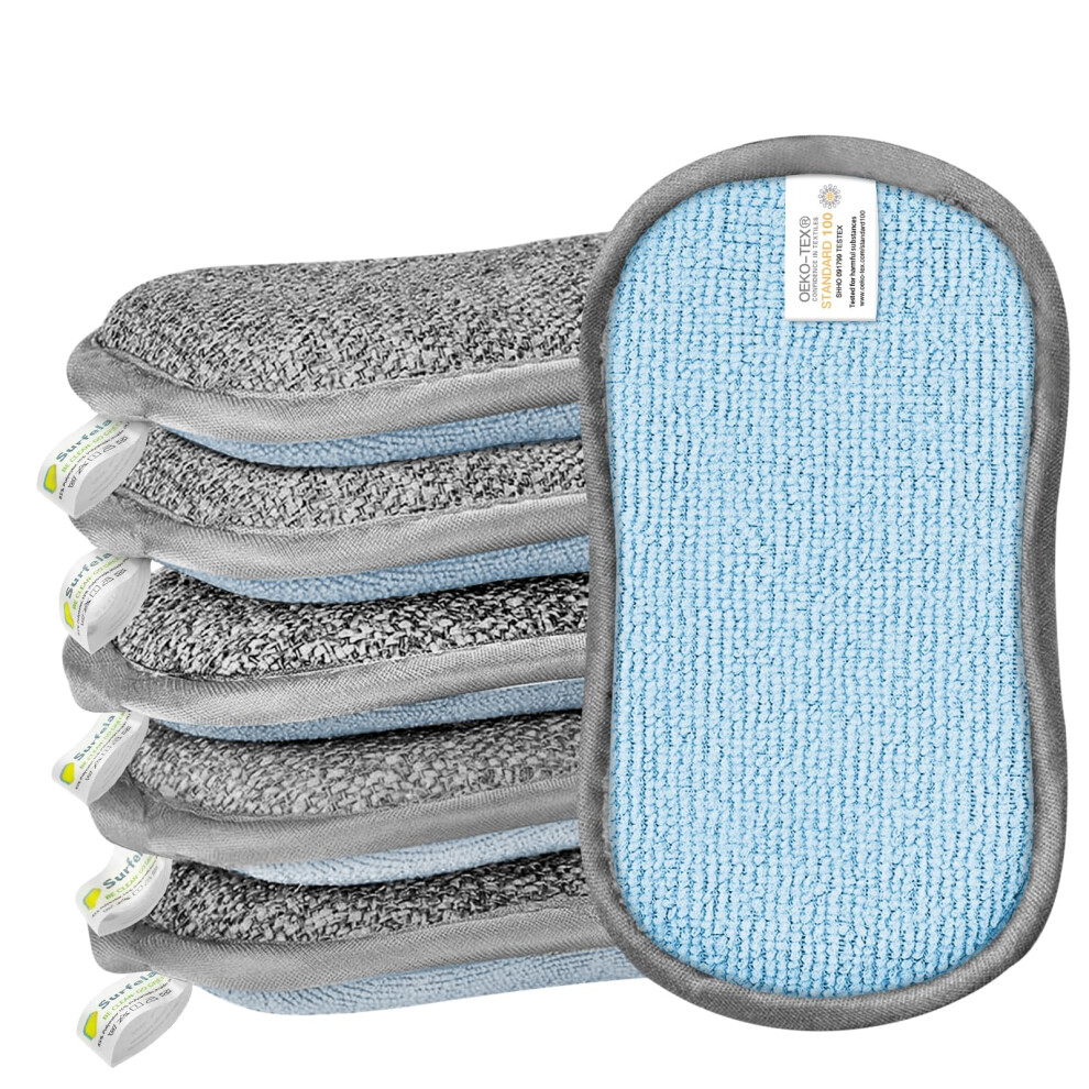 Surfela Washing Up Sponges 6 Pack, Reusable Non Scratch Microfibre Cleaning Sponges, Dual Sided Kitchen Scourers Sponge For Dishes, Pots, Pans & Sink 5051227558282